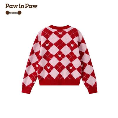 PawinPaw Girls' Cartoon Bear Diamond Knit Cardigan