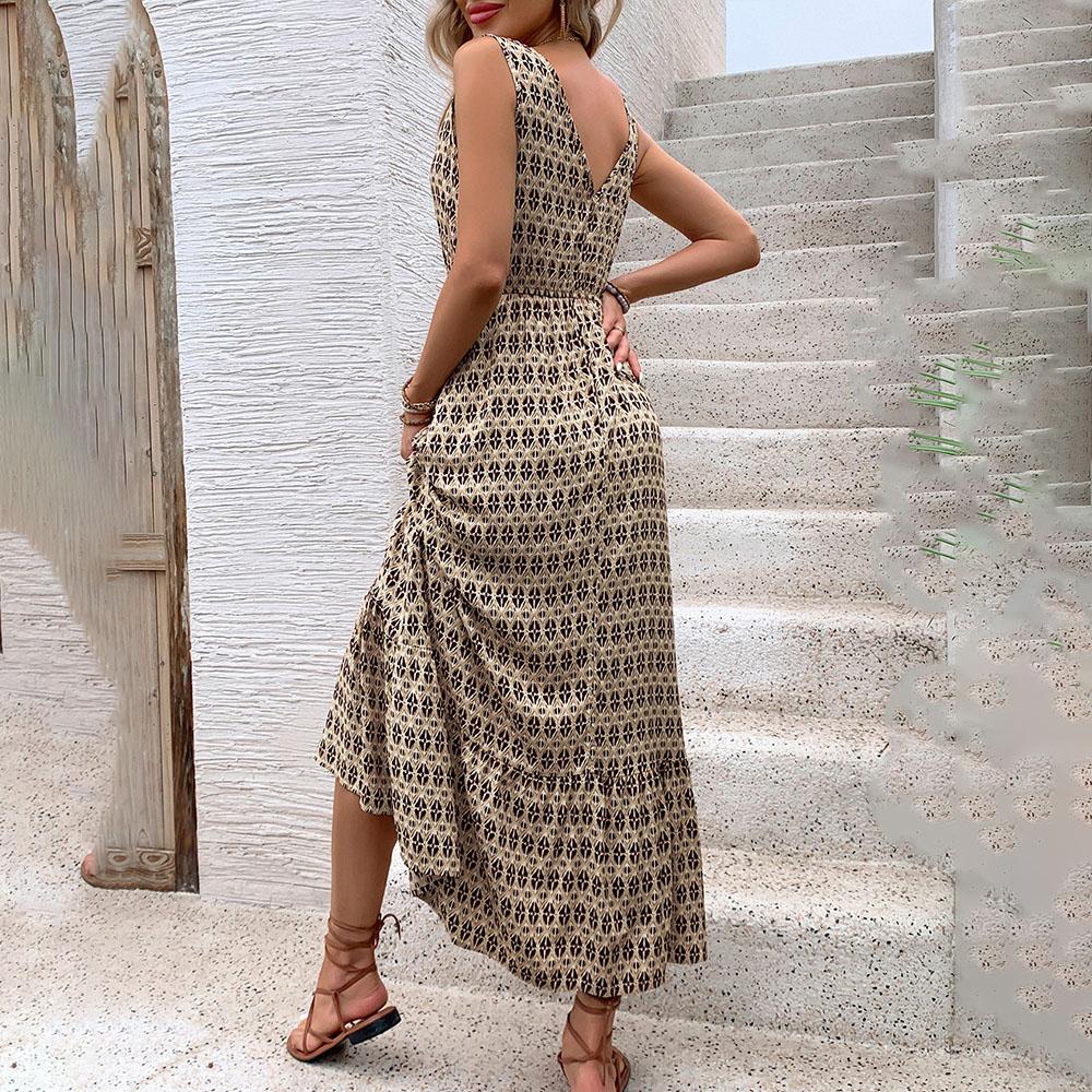 Women's Spring Summer  Lace Up Print Color High Waist Sleeveless Pleated Dress