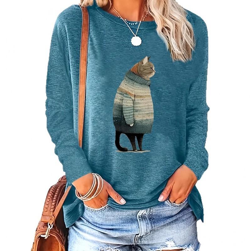 Womens Loose Fit Long Sleeve Round Neck Tee With 3D Peacock Cat Print - Milk Silk Fabric 2025 Casual Top
