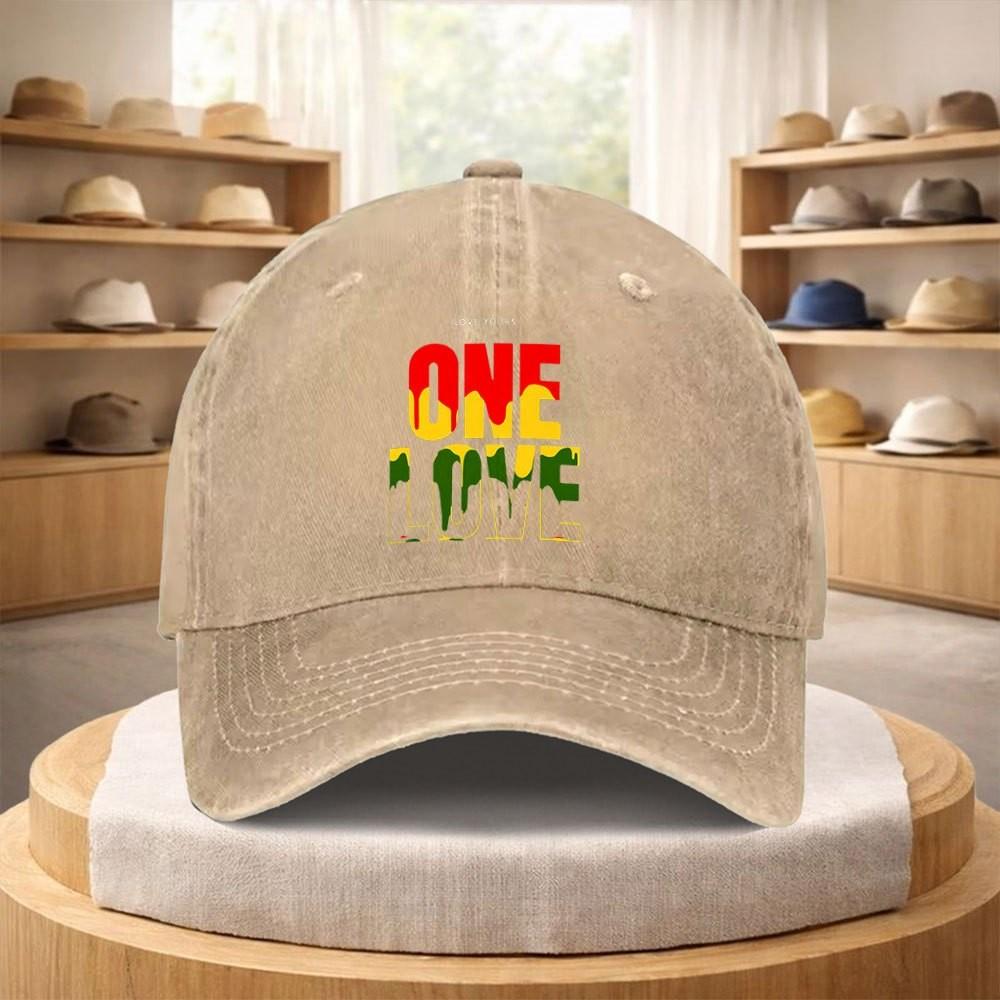 One Love Reggae Print Washed Baseball Cap Adjustable Cotton Outdoor Sports Hat Unisex