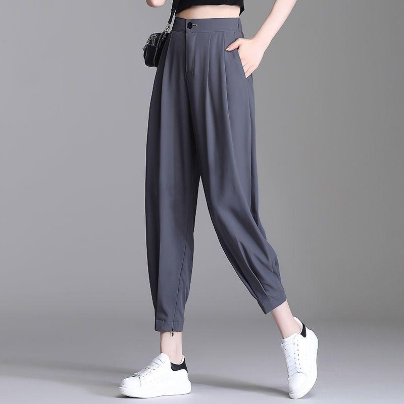 

Women s High Waist Black Ice Silk Harem Pants - Spring/Summer, Cropped, Loose, Casual, Slimming Fit M (95-105 jin)