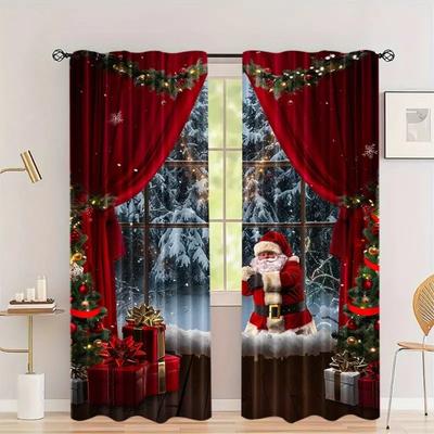 2pcs Set of Santa Claus Christmas Curtains Digital Print Polyester Curtain Rod Pocket Perfect for Living Room, Kitchen, Bedroom