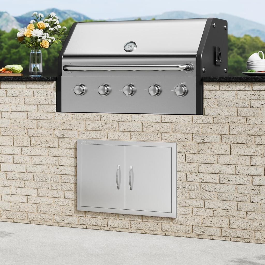 BBQ Access Door, 711x482 Mm Double Outdoor Kitchen Door, Stainless Steel Flush Mount Door, Wall Vertical Door with Handles, for BBQ Island, Grilling
