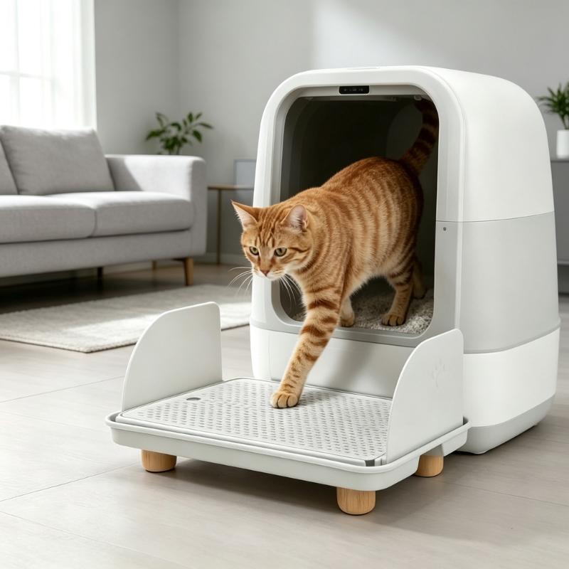 Pet Litter Step Filter Pedal with Foot Cleaning Openings, Side Guards and Wooden Legs, Indoor Entry Platform for Kittens and Senior Cats Home