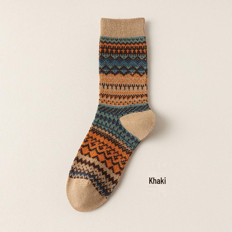 Autumn/Winter Retro Women's Y2K Mid-Calf Pile-Up Socks: Ethnic Style, Double-Needle, Odor-Resistant Cotton.