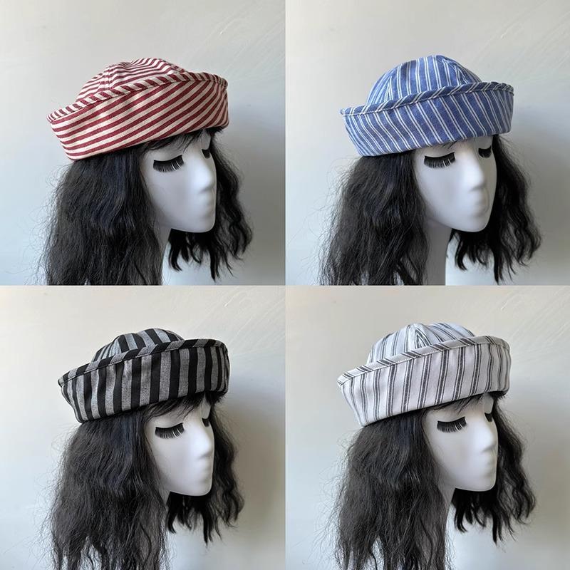 Japanese Striped Fisherman Hat Women Flipped Brim Boater Cap Korean Style Spring Autumn Sun Hat Cute Outdoors