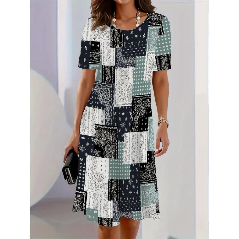 Women's Daisy Print Faux Denim Midi Dress Summer Casual Short Sleeve Fake Button Front A Line