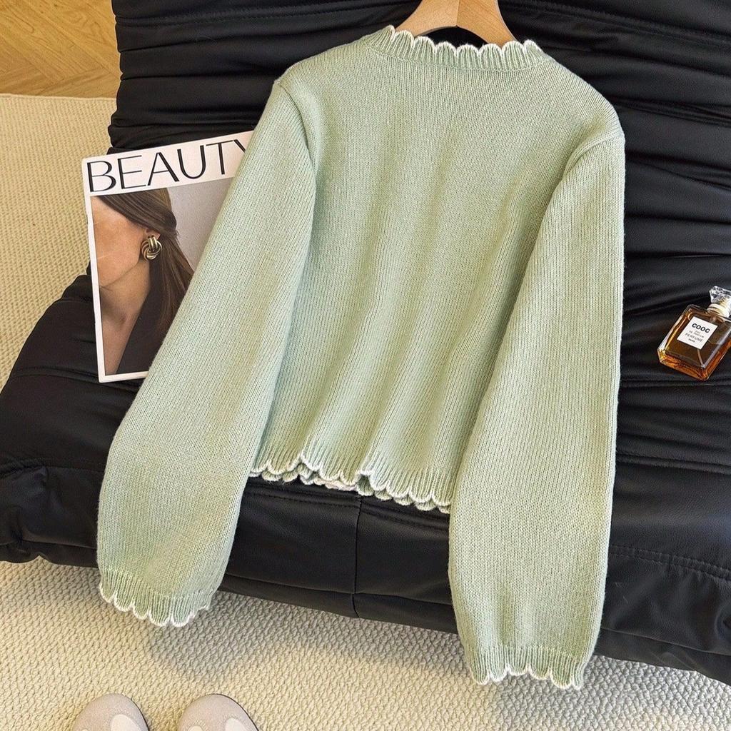 Soft waxy wavy edge knitted cardigan women's spring and autumn new lazy wind niche thin sweater jacket