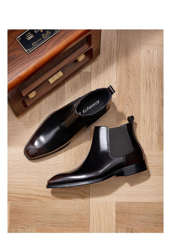 Men's British Style Genuine Cowhide Chelsea Boots - Shiny, Slip-On, Versatile High-Top Leather Footwear for Autumn/Winter