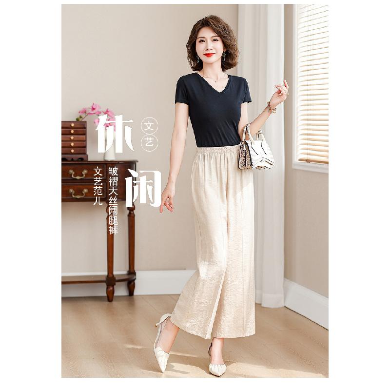 Plus-size women's wide-leg pants 2026 summer new style for mothers, fashionable, loose, slimming, high-waisted, drapey, thin, casual cropped pants