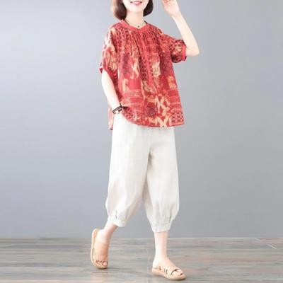 Damen Sommer Lockerer Druck Baumwolle und Leinen Anzug Dünnes Kurzarm-T-Shirt + Harems-Hose Lässiges Zweiteiler-Set