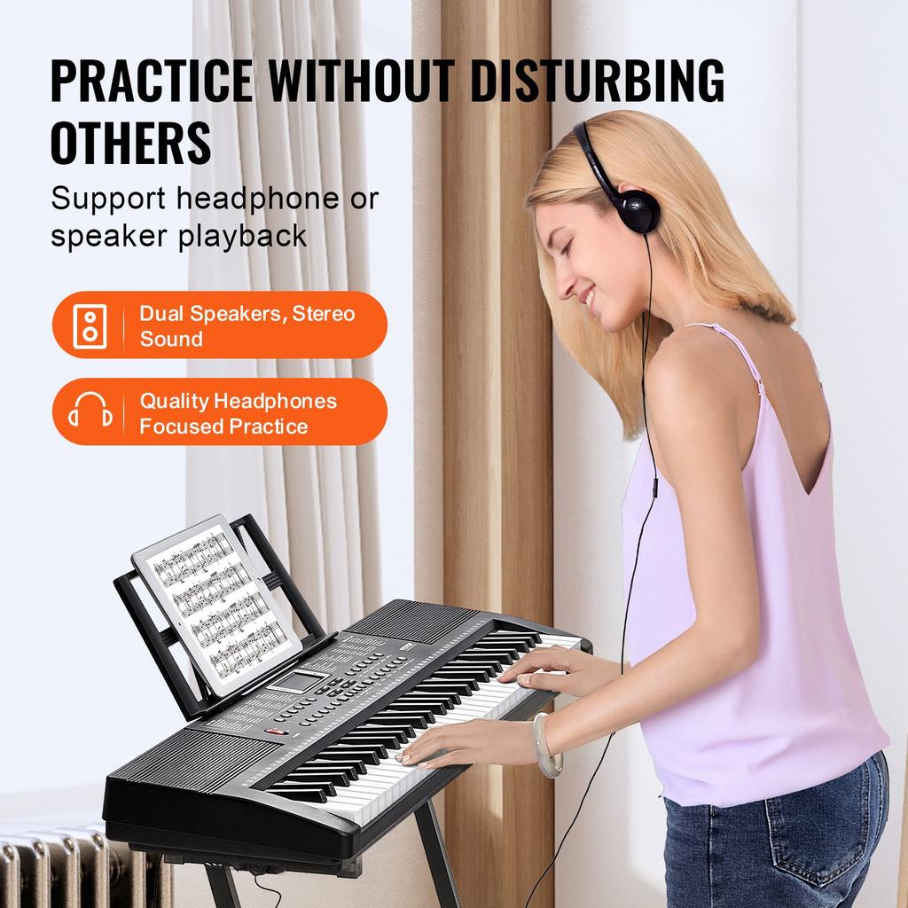 VEVOR 61 Key Digital Keyboard Piano, 200 Tones 200 Rhythms, Electric Portable Piano Keyboard Kit with 60 Demo Songs Built-In Dual Speakers Headphones