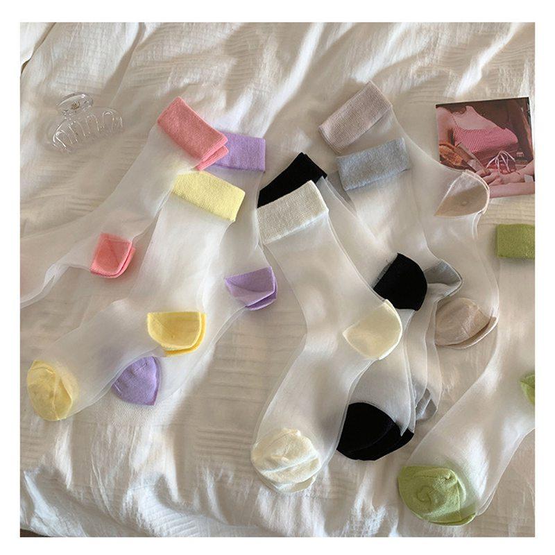 Crystal Socks Japanese Kanekalon Summer Mesh Women's Mid Tube Thin Socks Breathable Girls Stockings Summer Stockings Contrast Color