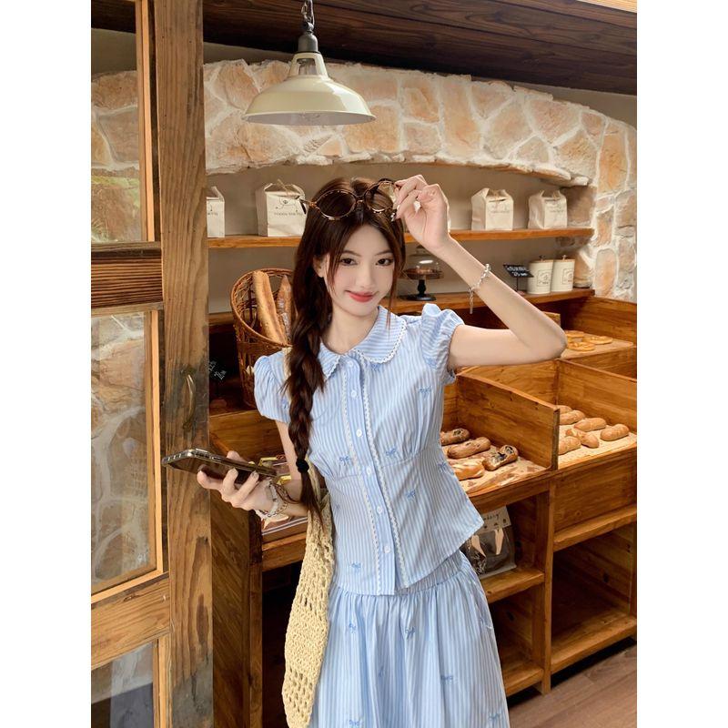 Kumikumi Sweet Set Younger Cute Doll Collar Shirts Women Summer Blue Stripe Skirt Two-piece Set