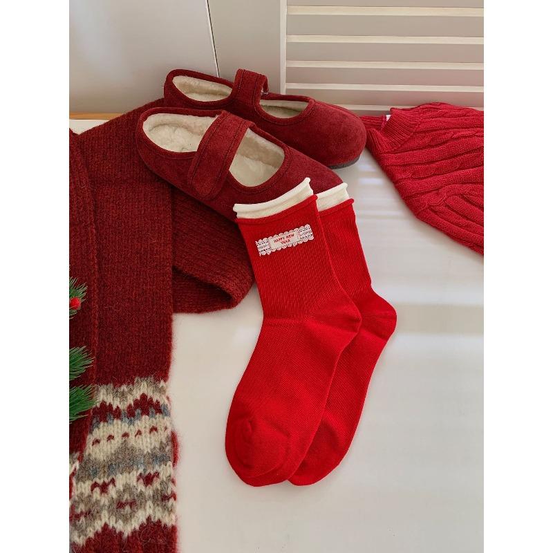 Good Luck In The New Year with Red Dui Dui Socks, Fabric Label, Button Accessories, Women's Pure Cotton Double Lace, Bow