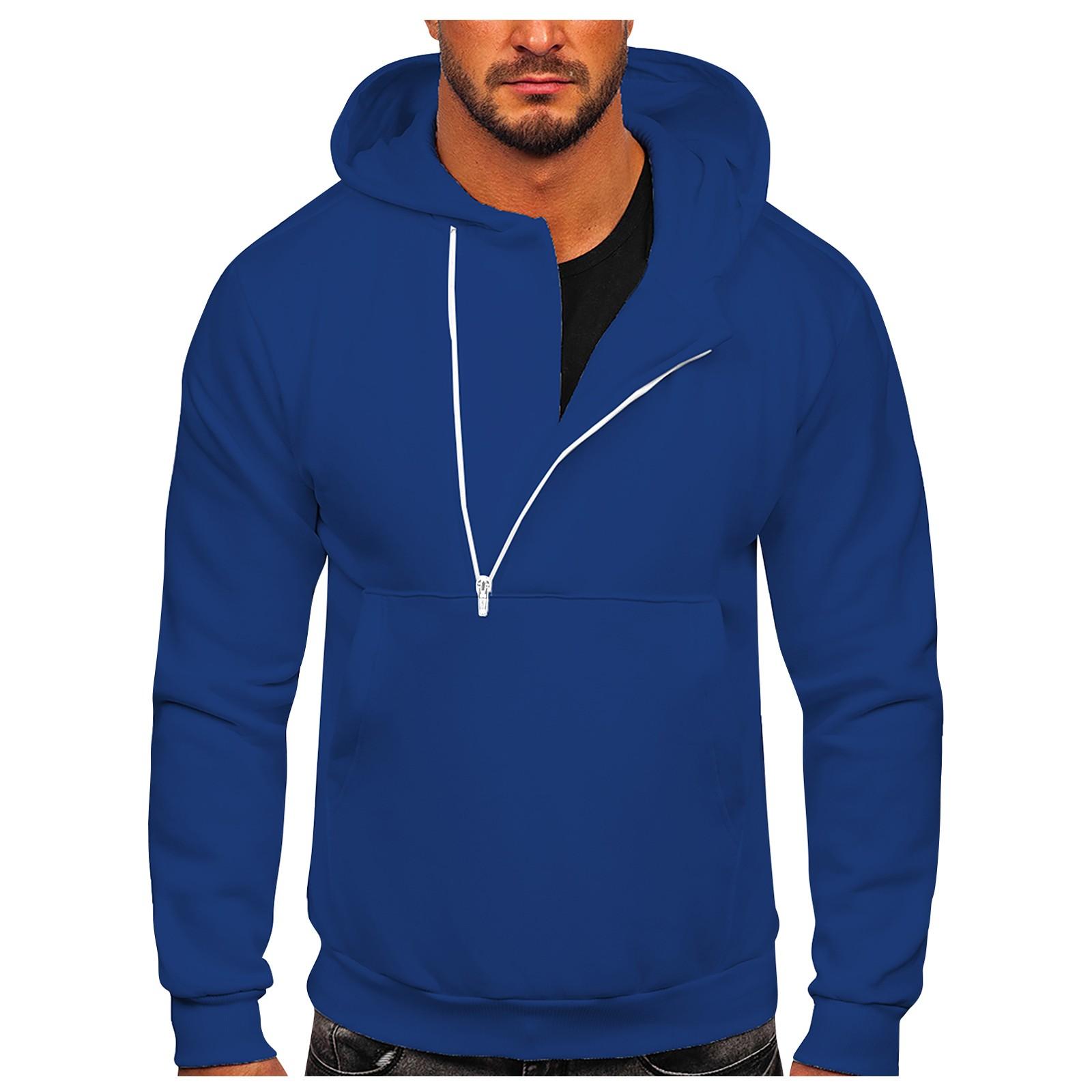 Мужская осенне-зимняя однотонная повседневная спортивная толстовка с капюшоном и полумолнией XXXL синий 2434₽