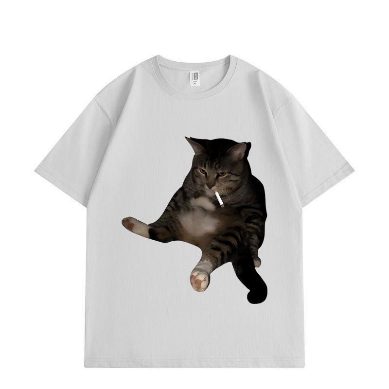 Funny Smoking Cat Meme Graphic T Shirts Fashion Vintage Short Sleeve T-shirts Men Women Casual Loose Cotton T-shirt
