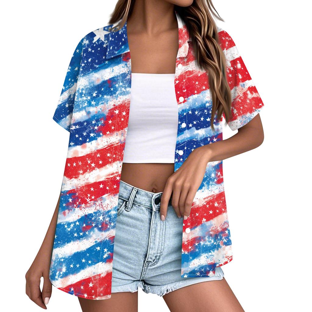 Short Sleeve Button Down Shirt for Women with Floral and Stars Print Loose Fit Lapel Collar Lightweight Top Blouse