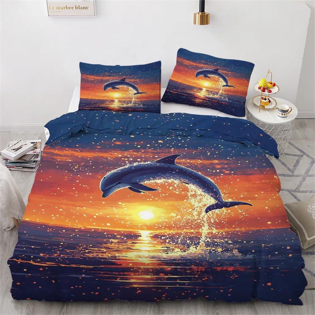 Delfin-Paar Bettwäsche-Set Bettbezug-Set 2-teilig, Mikrofaser Bettwäsche Bettdeckenbezug-Sets mit Kissenbezügen Aquarellkunst Bettbezug