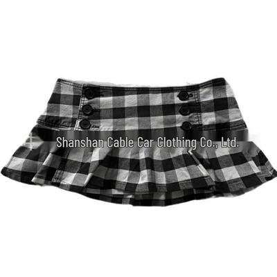 2026 Retro Black & White Plaid Double-Breasted Slim Fit Pleated Skirt for Women