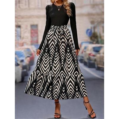 2024 A-line Waist-Cinching Patchwork Long-Sleeve Elegant Dress for Spring and Autumn