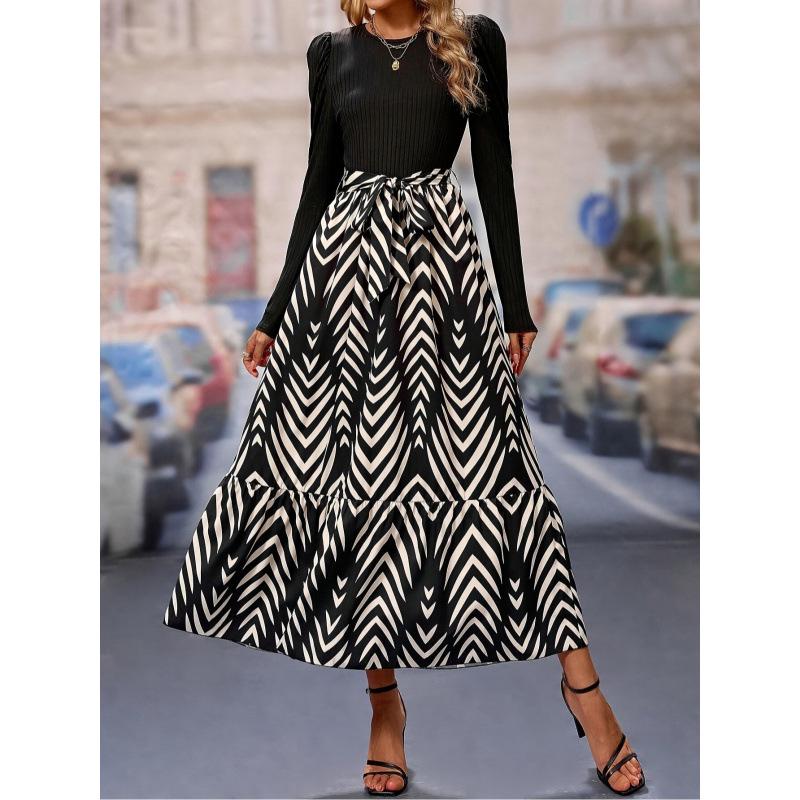 2024 A-Linien Taillenbetonendes Patchwork Langarm Elegantes Kleid für Frühling und Herbst