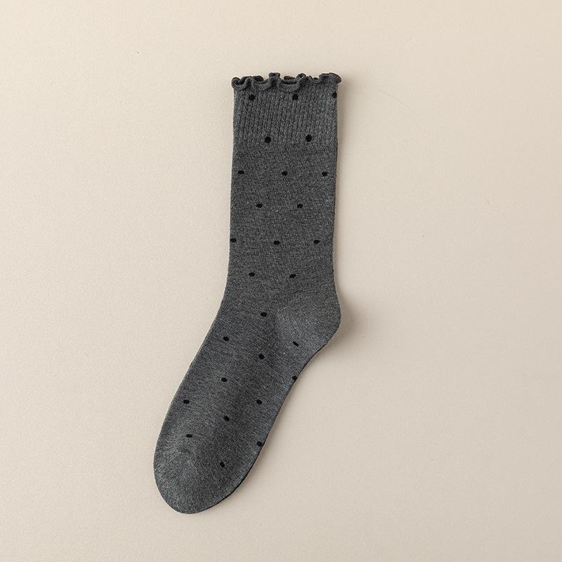 Ruffle Edge Polka Dot Women's Mid-Calf Socks - Trendy, Cute, Sweat-Absorbing Cotton for Autumn/Winter