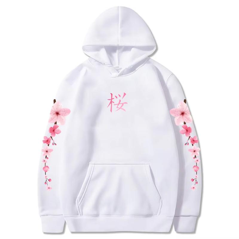 Kapuzenpullover mit japanischer Sakura-Blütengrafik, langärmelig, für den Winter, lässig, bequeme Pullover für Damen/Herren mit Tasche