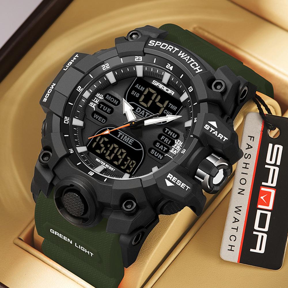 SANDA Sports Military Men's Watches Luxury Dual Display Watch 50M Waterproof Quartz Wristwatch for Male