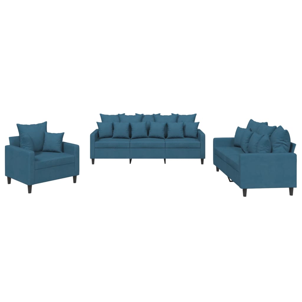 3 Piece Sofa Set with Cushions Blue Velvet