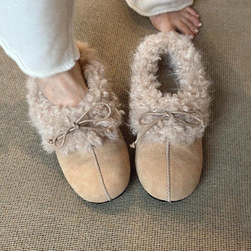 

Cotton Shoes Winter New Round Toe Spliced Cow Suede Bow Sleeve Soft Sole Non-Slip Flat Booties 40