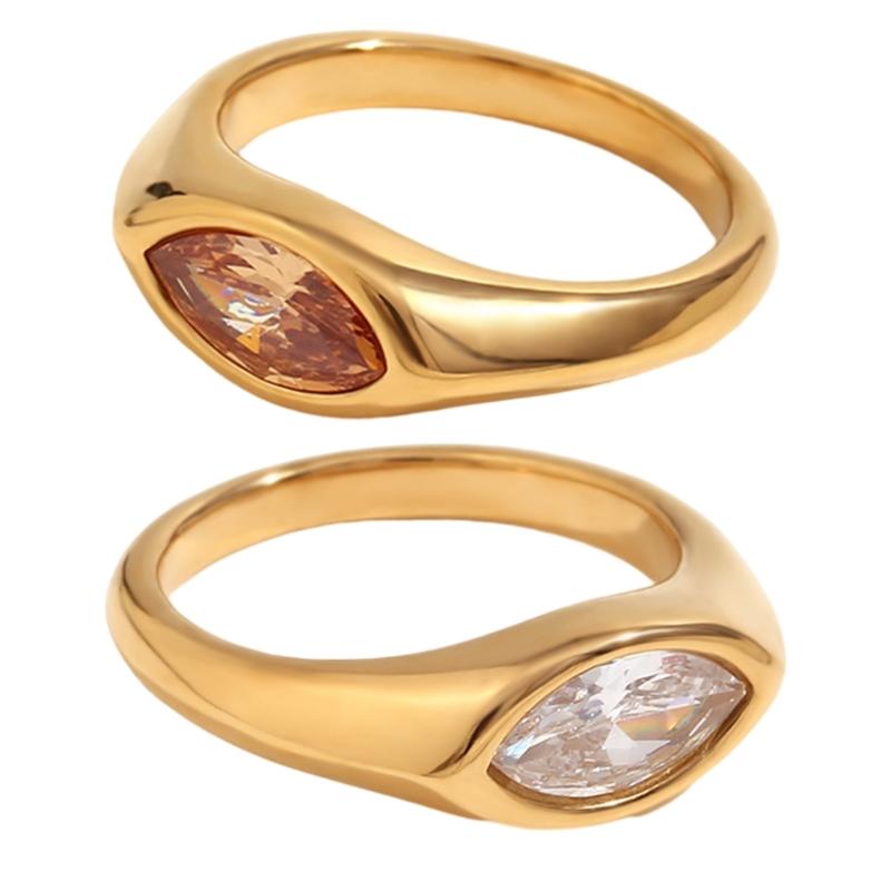 Horse Eye Zircon Seal Ring Colorful 18K Gold Plated Ring Stainless Steel Finger Jewelry Everyday Wear Accessories