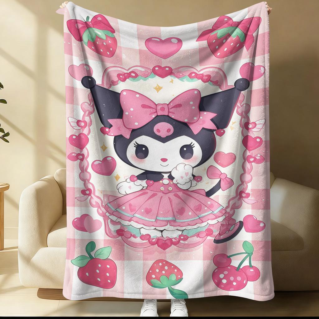 Kuromi Lightweight Cozy Flannel Blanket Cute Strawberry Cherry Heart Pattern Flannel Plush Throw for Home Bedroom Living Room