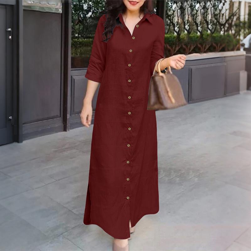 

ZANZEA Женское повседневное платье с отложным воротником, свободное, с рукавом 3/4, длинное 2XL вино красного