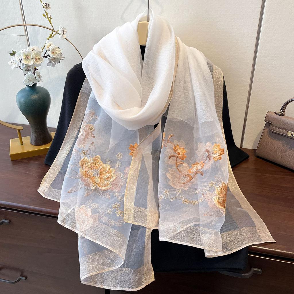 New Silk Wool Embroidered Scarf Spring and Summer Decorative Shawl Flower Embroidered Silk Scarf Blended Scarf