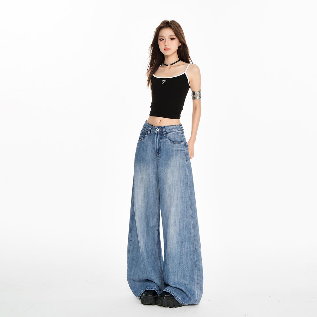 Retro Wide-leg Jeans Women's Summer and Autumn New Tencel Lyocell High-waisted and Thin Straight Casual Pants
