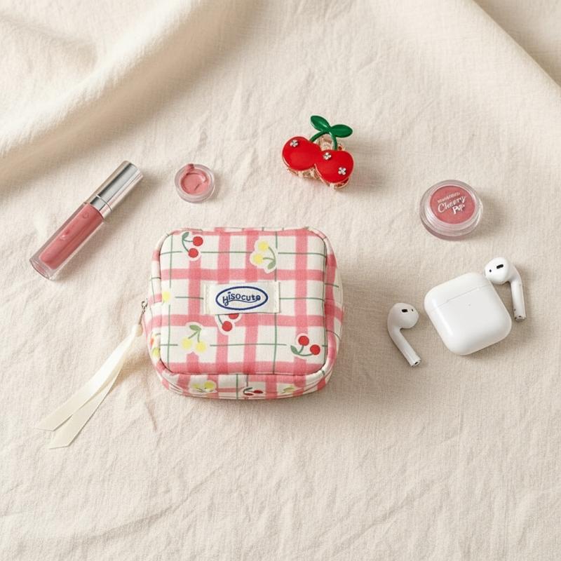 Korean Large Plaid Cosmetic Bag High Value Small Cherry Sanitary Napkin Bag Portable Mini Storage Bag Bluetooth Headset Bag