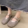 Fashion Round Toe Shallow Mouth Cutout Roman Sandals Women's Summer Mesh Outside Wear Soft Sole Non-slip Woven Flats