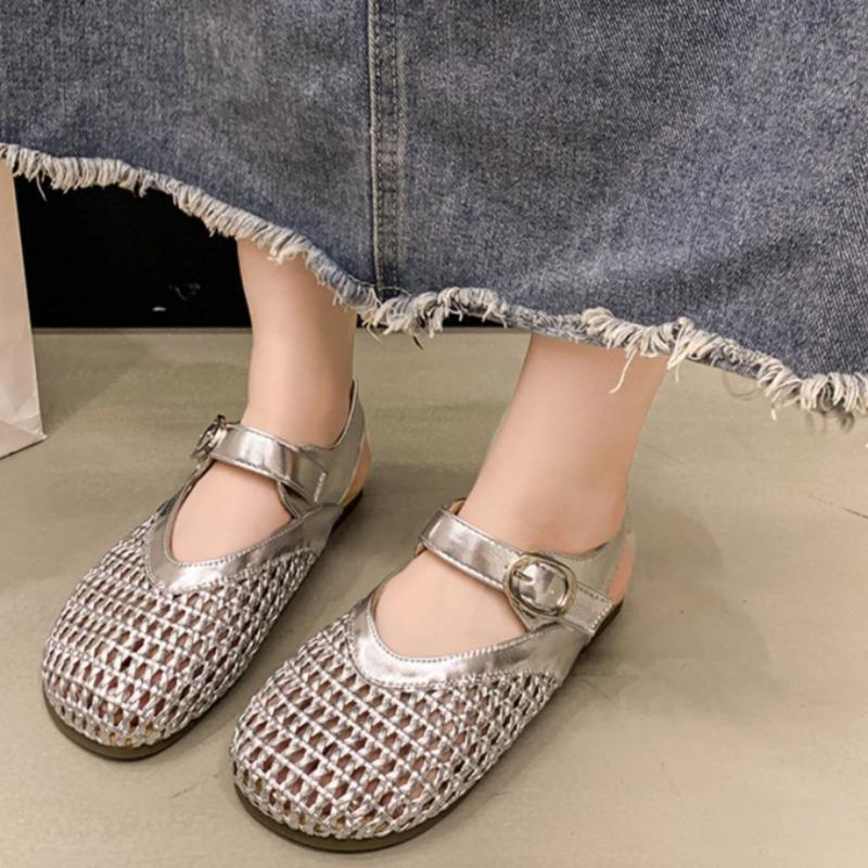 Fashion Round Toe Shallow Mouth Cutout Roman Sandals Women's Summer Mesh Outside Wear Soft Sole Non-slip Woven Flats
