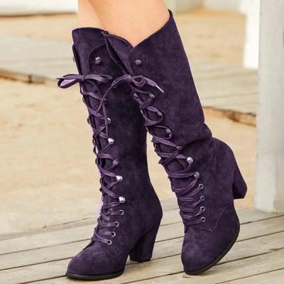 Botas Romanas 2024 Nova Moda Outono e Inverno Botas de Cavaleiro com Cadarço Bico Redondo Salto Alto Sapatos Retrô Femininos Zapatos Mujer