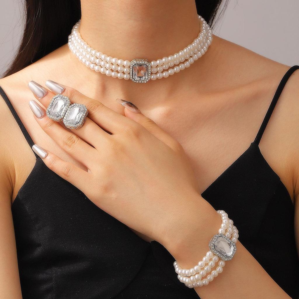 European & American Fashion Multi-Layer Pearl Crystal Jewelry Set: Necklace, Earrings & Bracelet