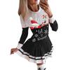 Women's Patchwork Printed Pleated Round Neck Long Sleeve Christmas Dress