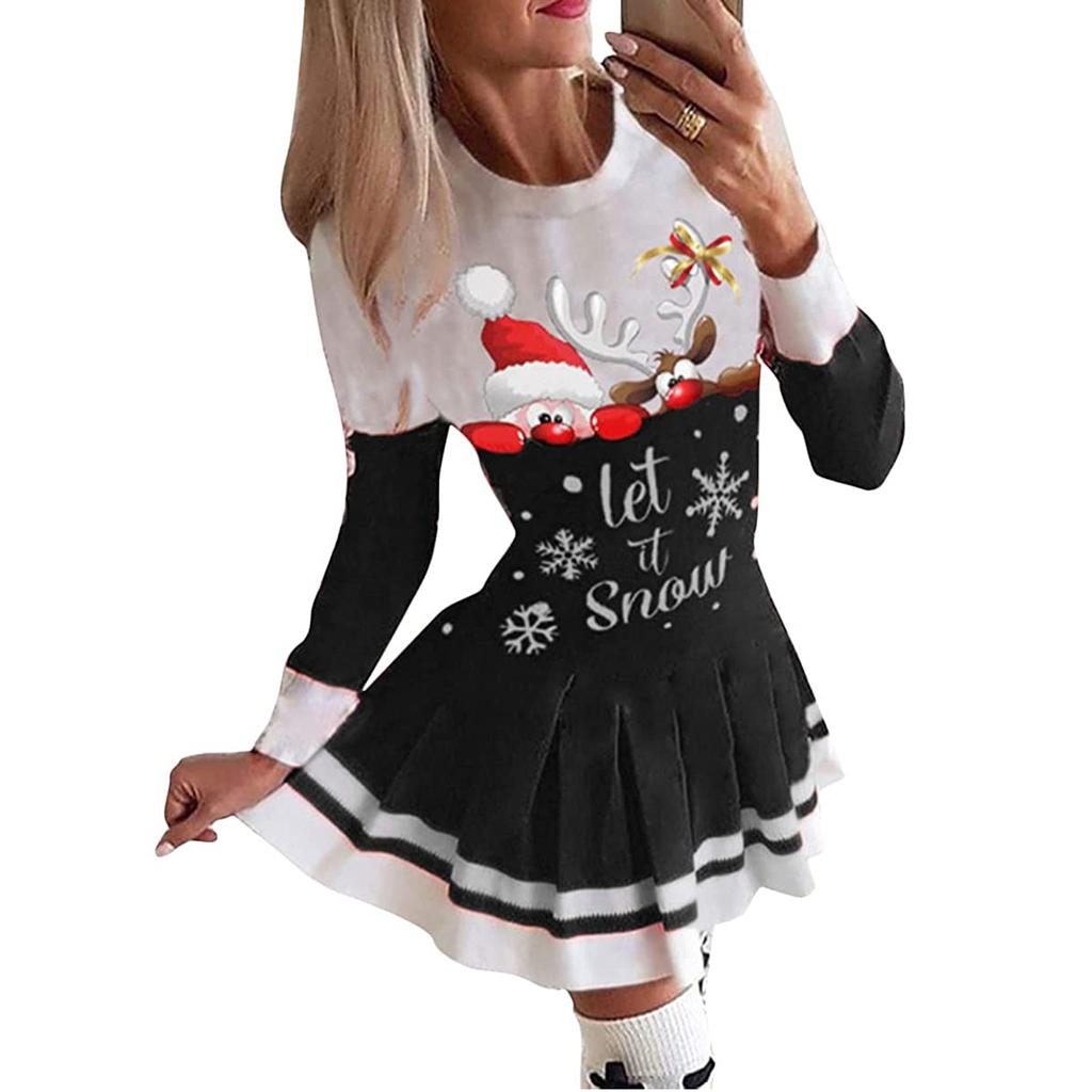 Women's Patchwork Printed Pleated Round Neck Long Sleeve Christmas Dress