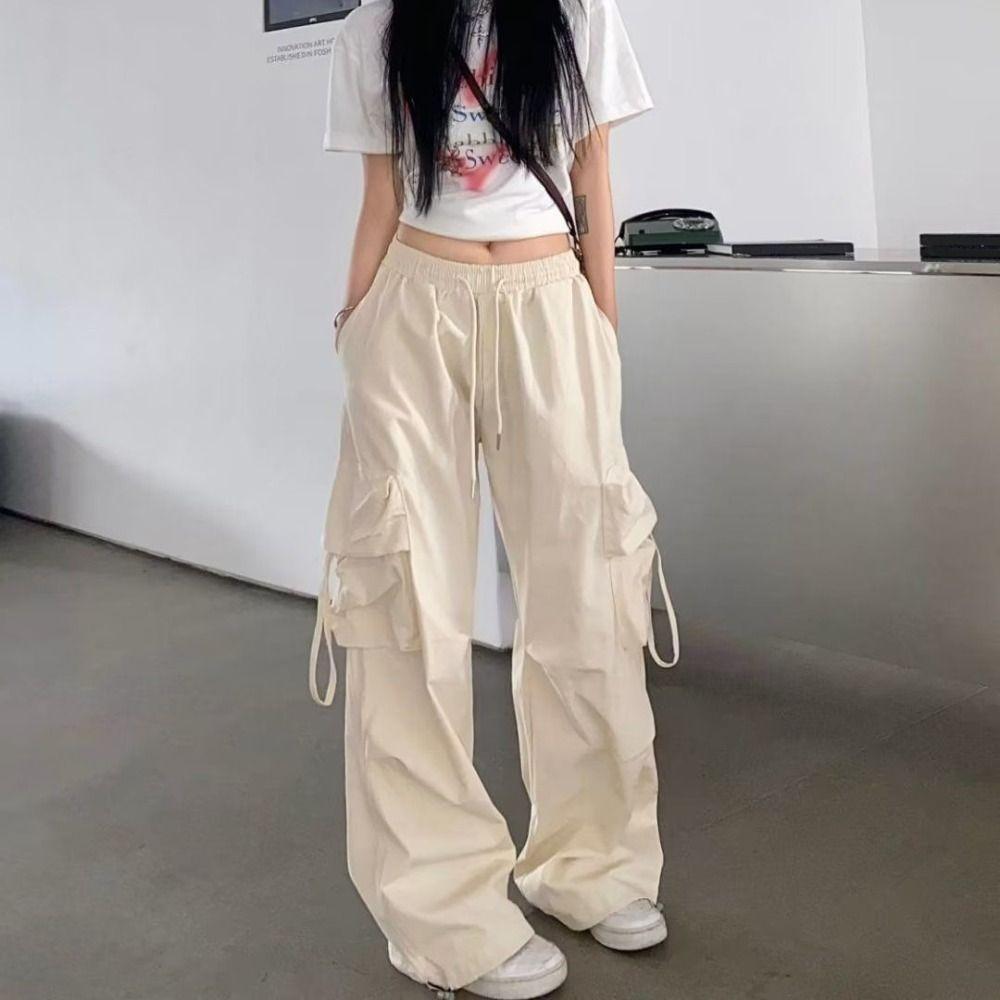 Drawstring Baggy Cargo Pants Multi-pockets Women Joggers Trousers Wide Leg Sweatpants Girls