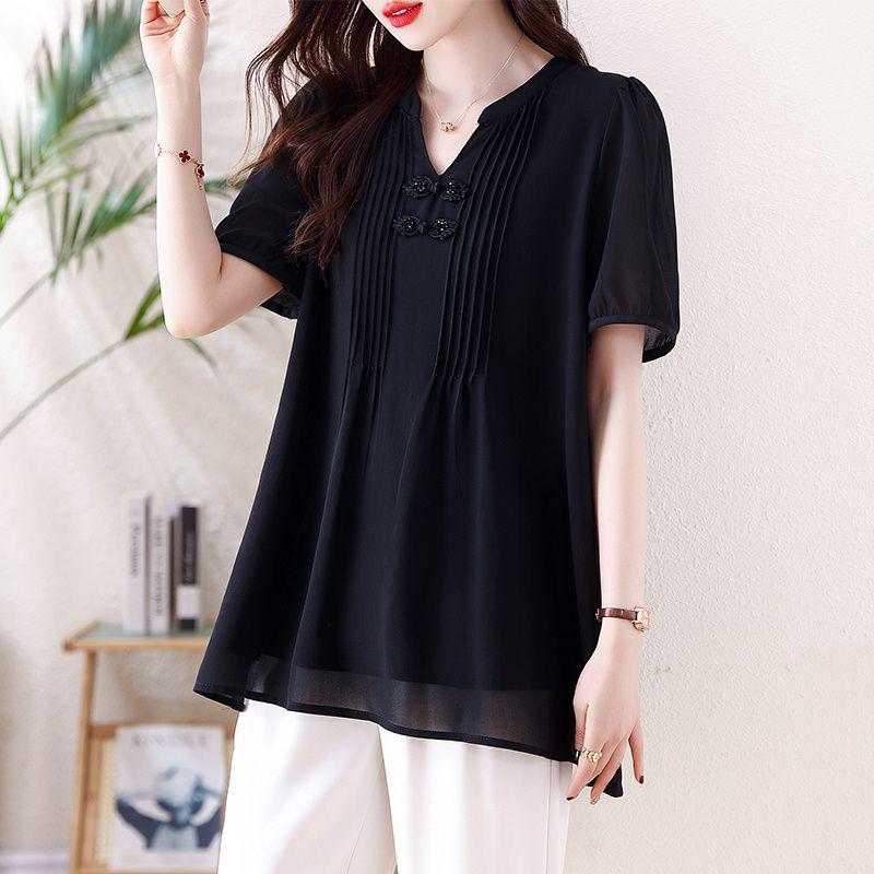 Elegant Plus Size V-Neck Chiffon Shirt - Slimming, Flaw-Hiding, Short-Sleeved, New Chinese Style, Age-Reducing Women's Top 2026
