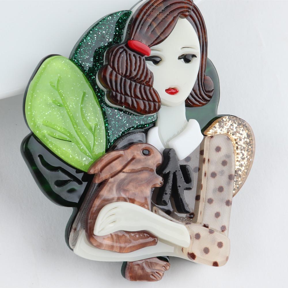 New Fashion Creative Fairy Girl Holding Rabbit Acrylic Brooches For Women Cartoon Cute Badge Brooch Pins Party Jewelry Gift