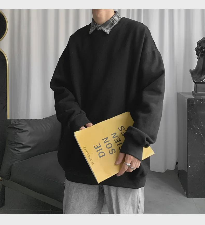 Men's Trendy Hong Kong Style Long-Sleeve Sweatshirt - Versatile, Loose-Fit Solid Color for Couples and Students, New Autumn Top