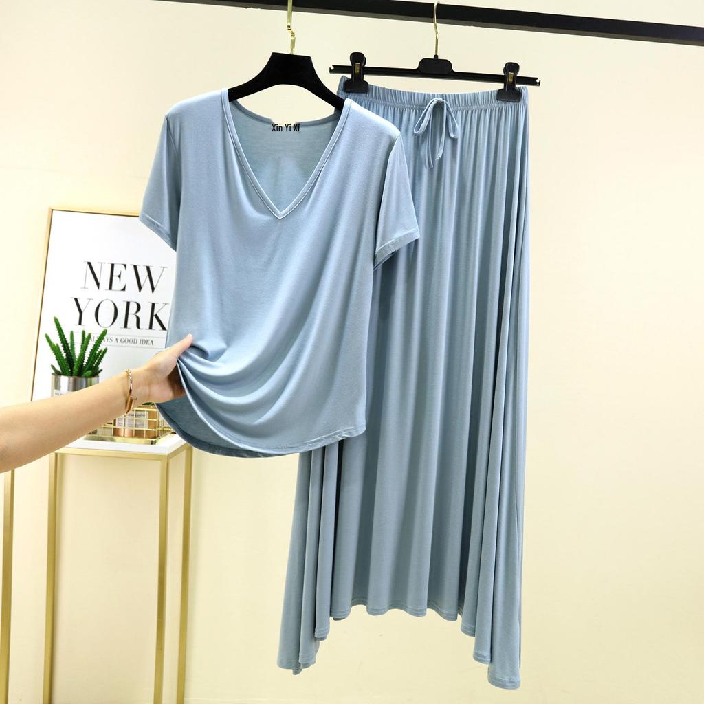 Modal V-Neck Short-Sleeve Midi Skirt Set: Women's Plus Size Korean-Style Casual Two-Piece Outfit