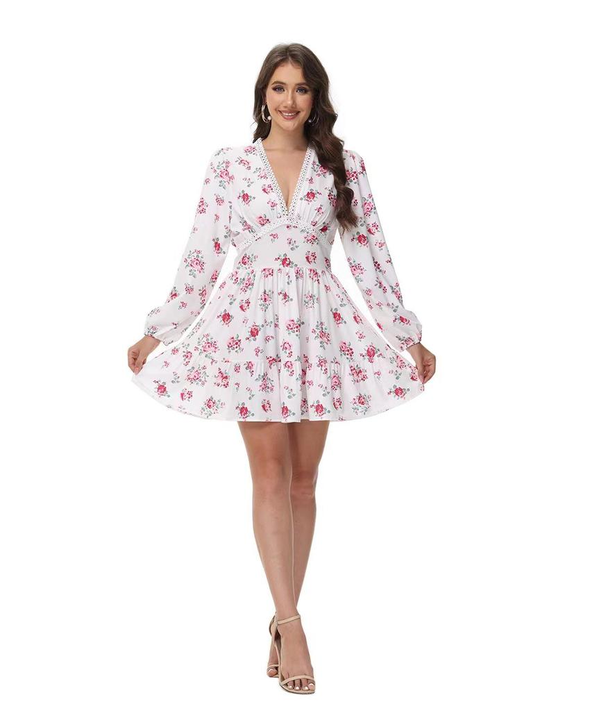 Auf Lager: 2025 Frühling Damen Süßes Blumiges V-Ausschnitt Spitzen Kurzkleid