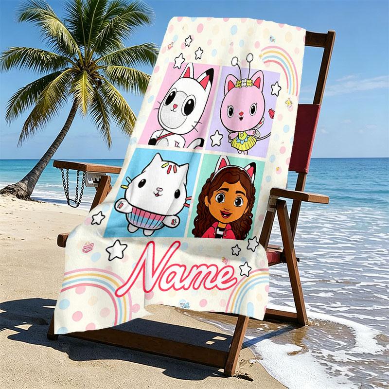 Custom Name Personalized Gabby's Dollhouse Print Beach Towel, for Trip Camping Beach Party Home Decor, Birthday Gift for Family & Friends
